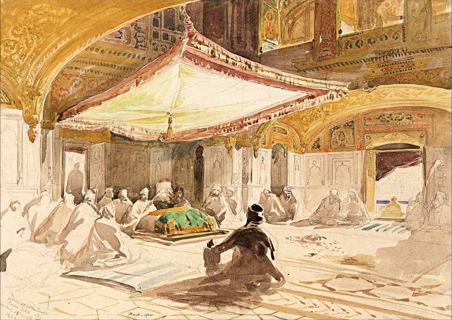 A watercolor sketch shows the richly decorated interior of Harmandir Sahib with people in prayer.