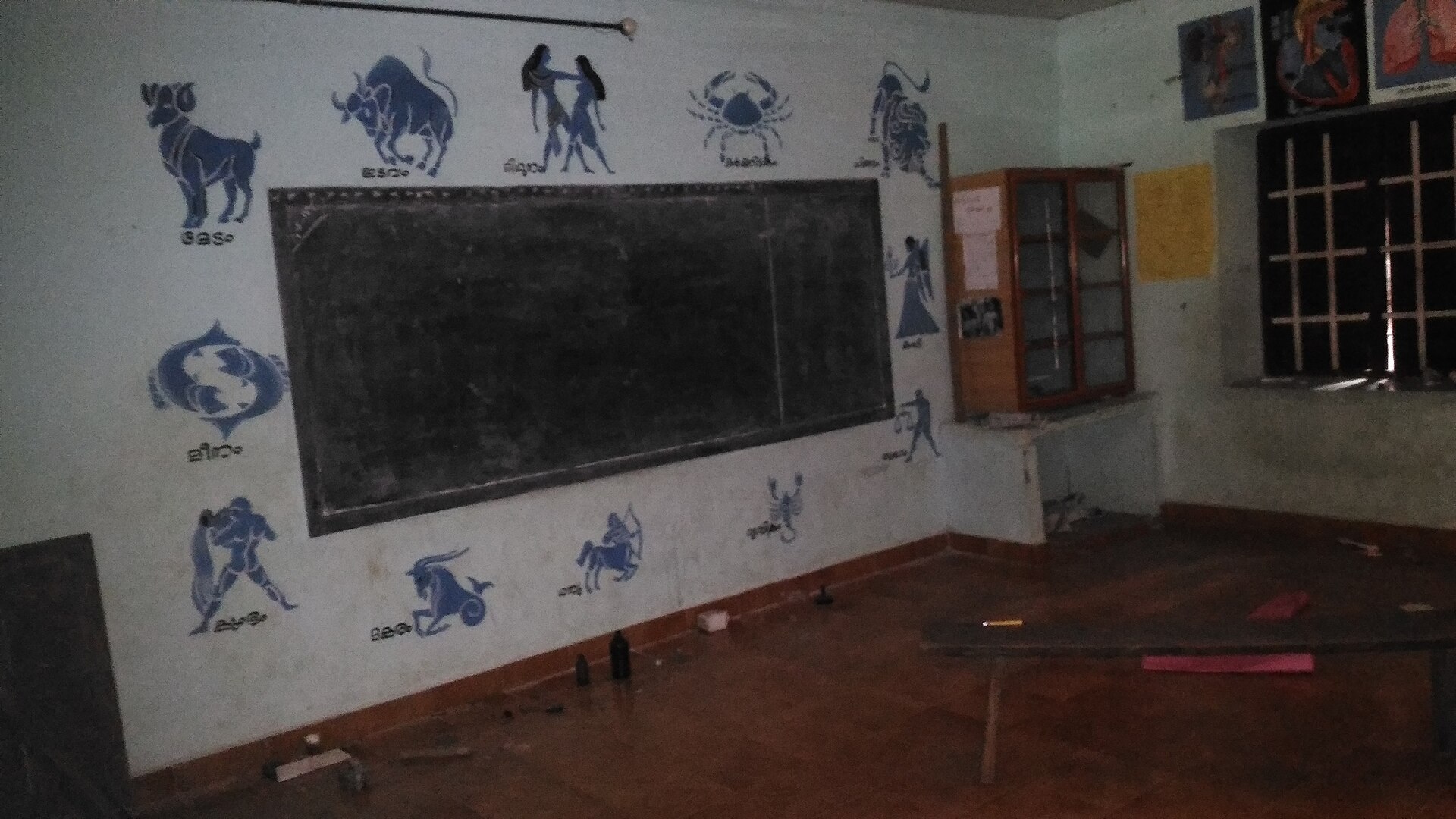 A classroom in Kerala shows zodiac signs above a chalkboard during mother tongue education.