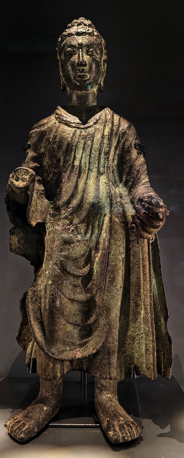 Copper alloy Buddha sculpture from Mankiyala Stupa, Pakistan, Late Gandhara School of Art, circa 400-600 CE, h